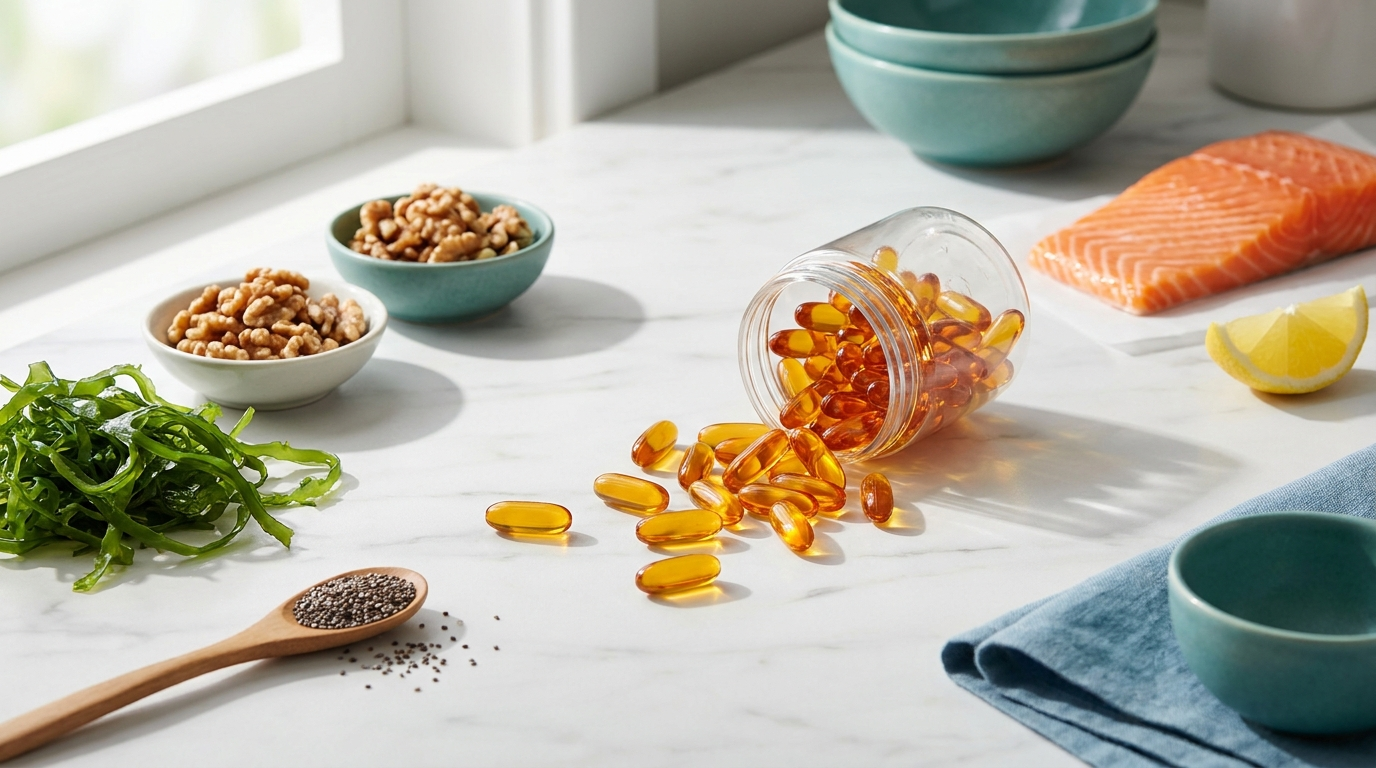 Omega-3-Kapseln mit frischen Omega-3-Lebensmitteln