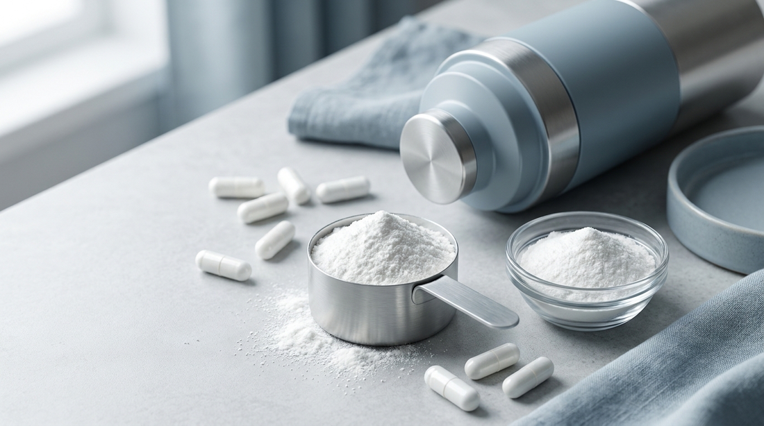 Kreatin-Monohydrat-Pulver mit Messlöffel und Shaker