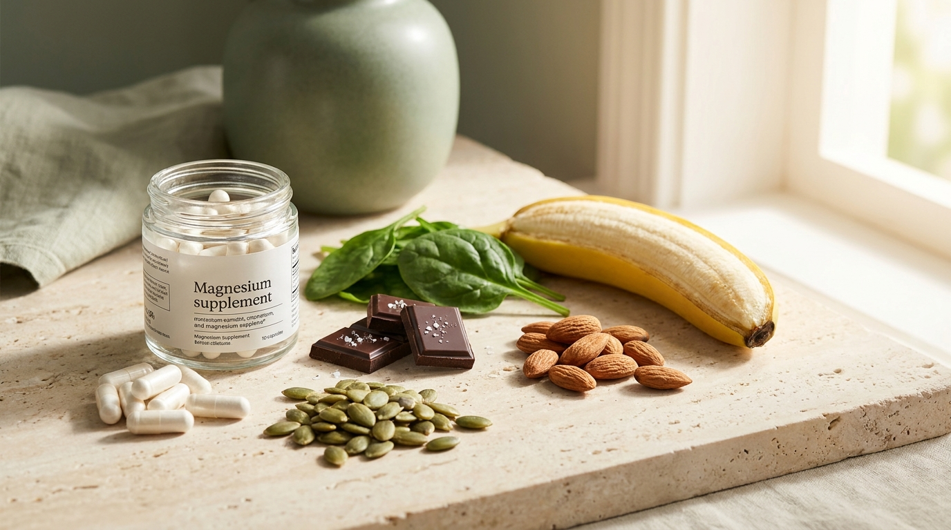 Magnesium-Kapseln mit magnesiumreichen Lebensmitteln