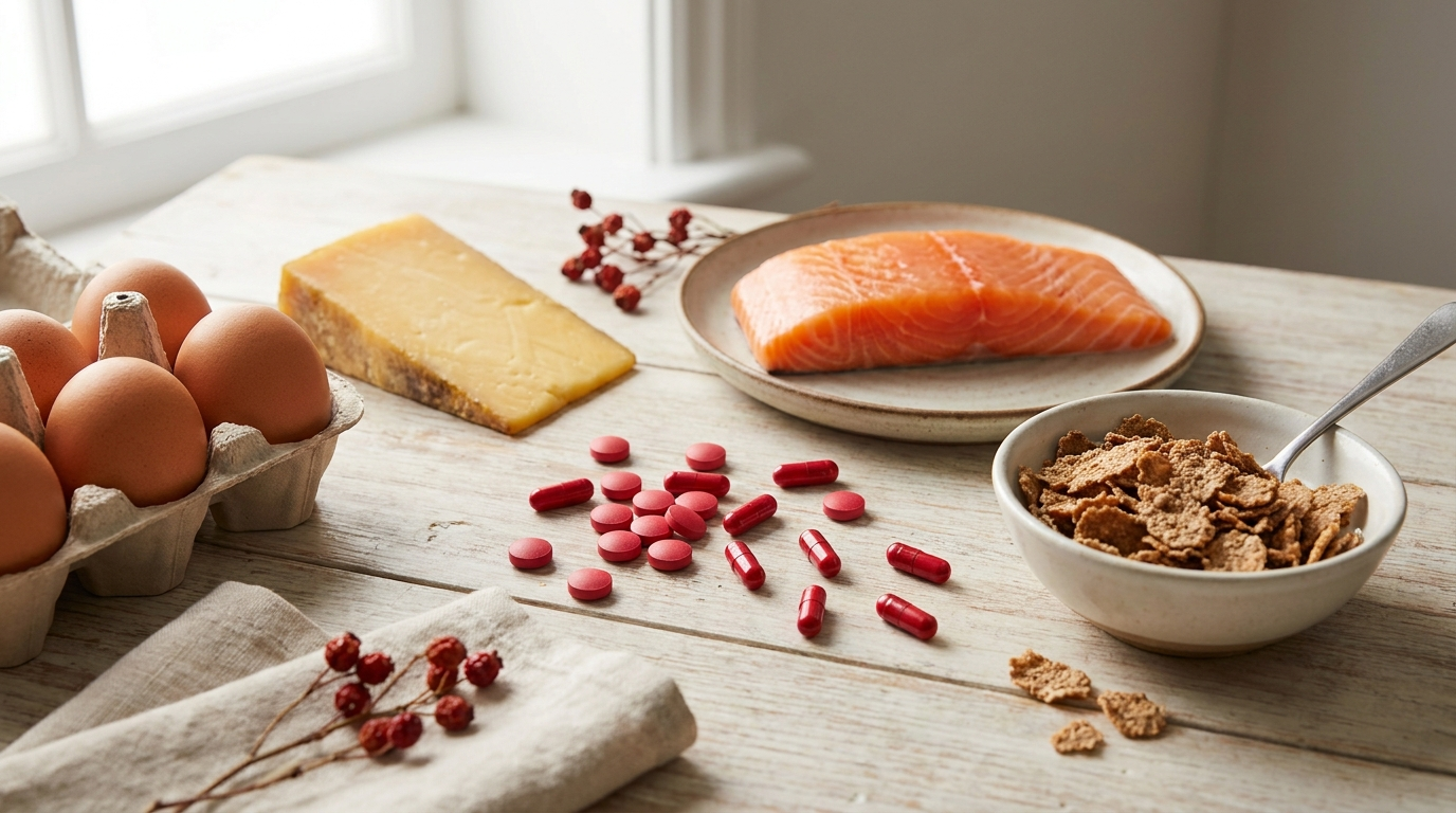 Vitamin-B12-Tabletten mit B12-reichen Lebensmitteln